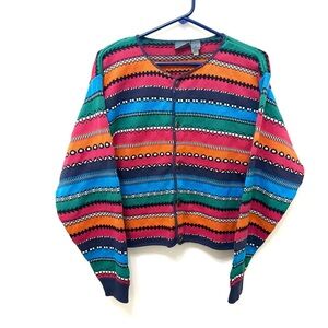 Vintage 90s Southwestern Blanket Stripe Cropped Granny Cardigan Sweater Large